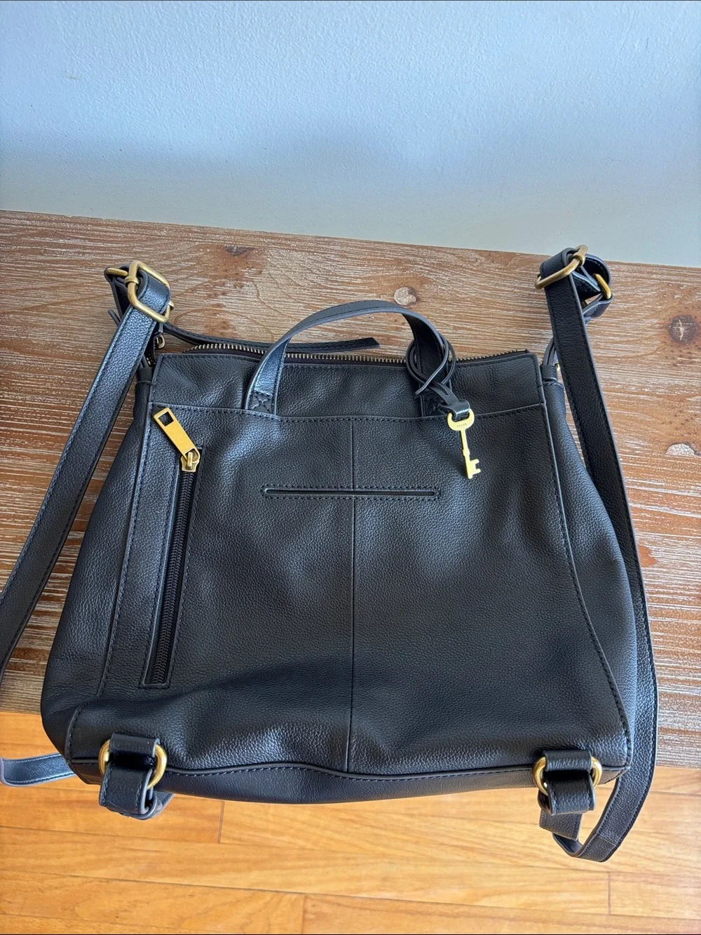 Black Leather Convertible Shoulder/Backpack with Key Charm